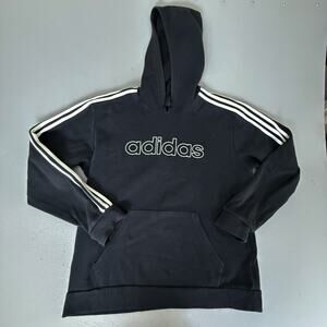 Adidas Essentials 3-Stripes Pullover Hoodie Black White Logo Men's Size L